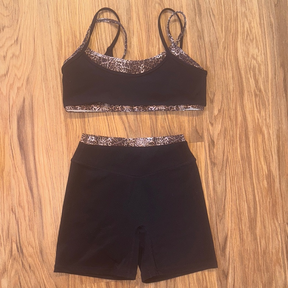 Liaison the Label Double Layer Leopard-Trim Bralette and Bike Shorts Set